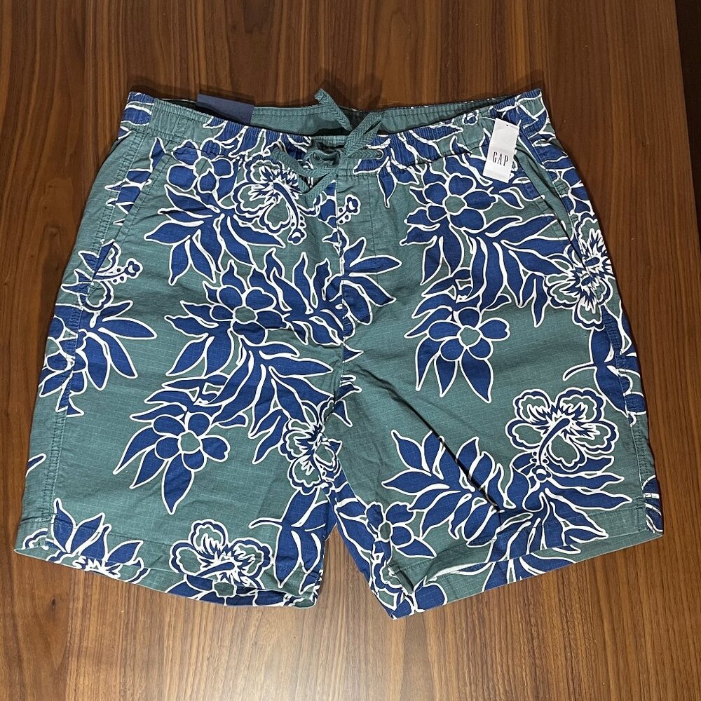 GAP Men's Easy Shorts 8" Green Blue Floral Drawstring Waistband Large